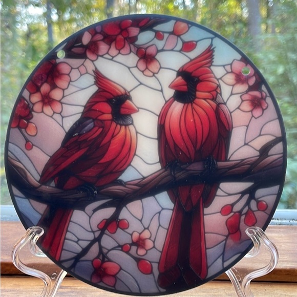 Suncatcher Cardinal Birds Acrylic Red Floral Leaves 6” Faux Stained Gifts - Picture 3 of 3